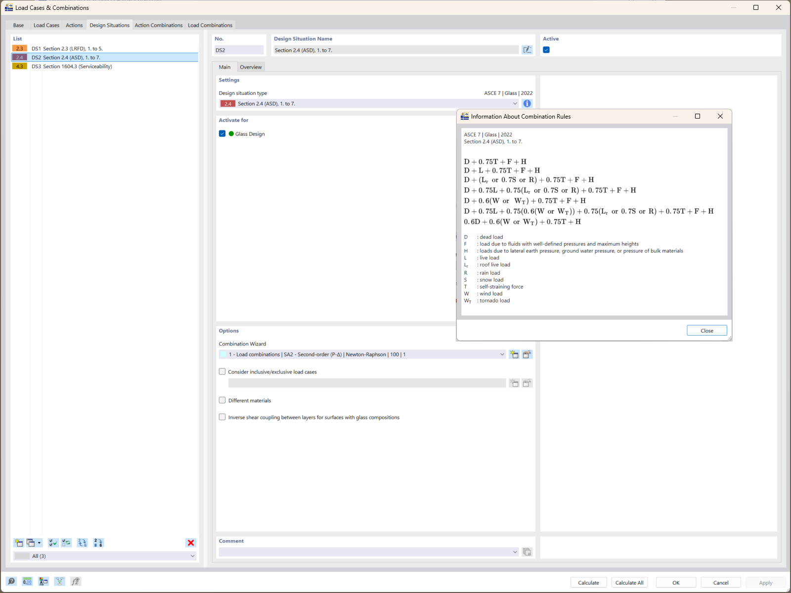 Návrhové situace v programu RFEM 6 demonstrují automatické kombinace zatížení pro skleněné konstrukce na základě norem ASCE 7 a ASTM E1300-24.
