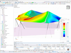 Analýza membránového zastřešení pod zatížením větrem v programu RFEM s výsledky.