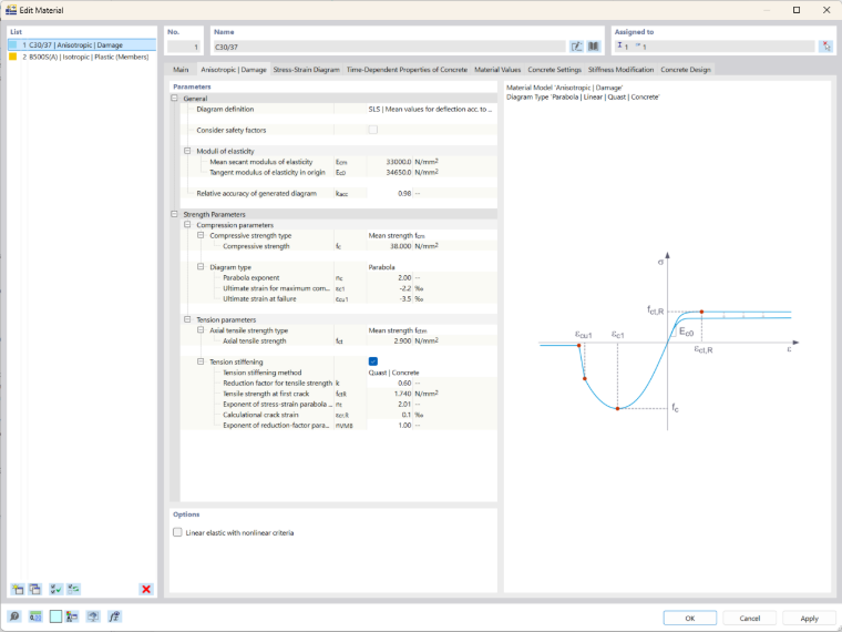 Analýza železobetonových konstrukcí s nelineárními materiálovými vlastnostmi v programu RFEM 6 pro realistické simulace podmínek zatížení.