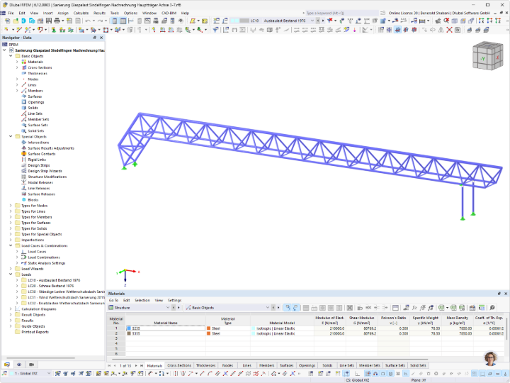 Detailní pohled na ocelovou střešní konstrukci arény Glaspalast v programu RFEM