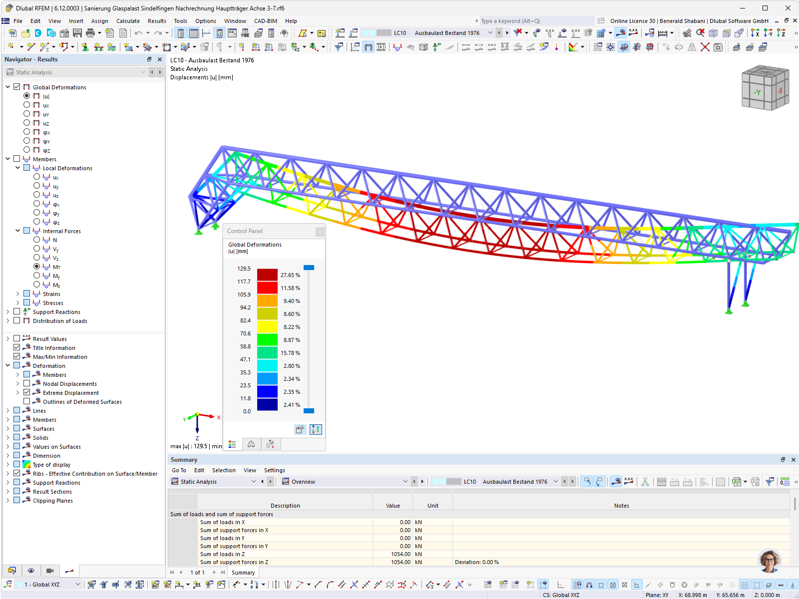 Zobrazení deformace střešní konstrukce arény Glaspalast v programu RFEM od IBK Prof. Kirsche