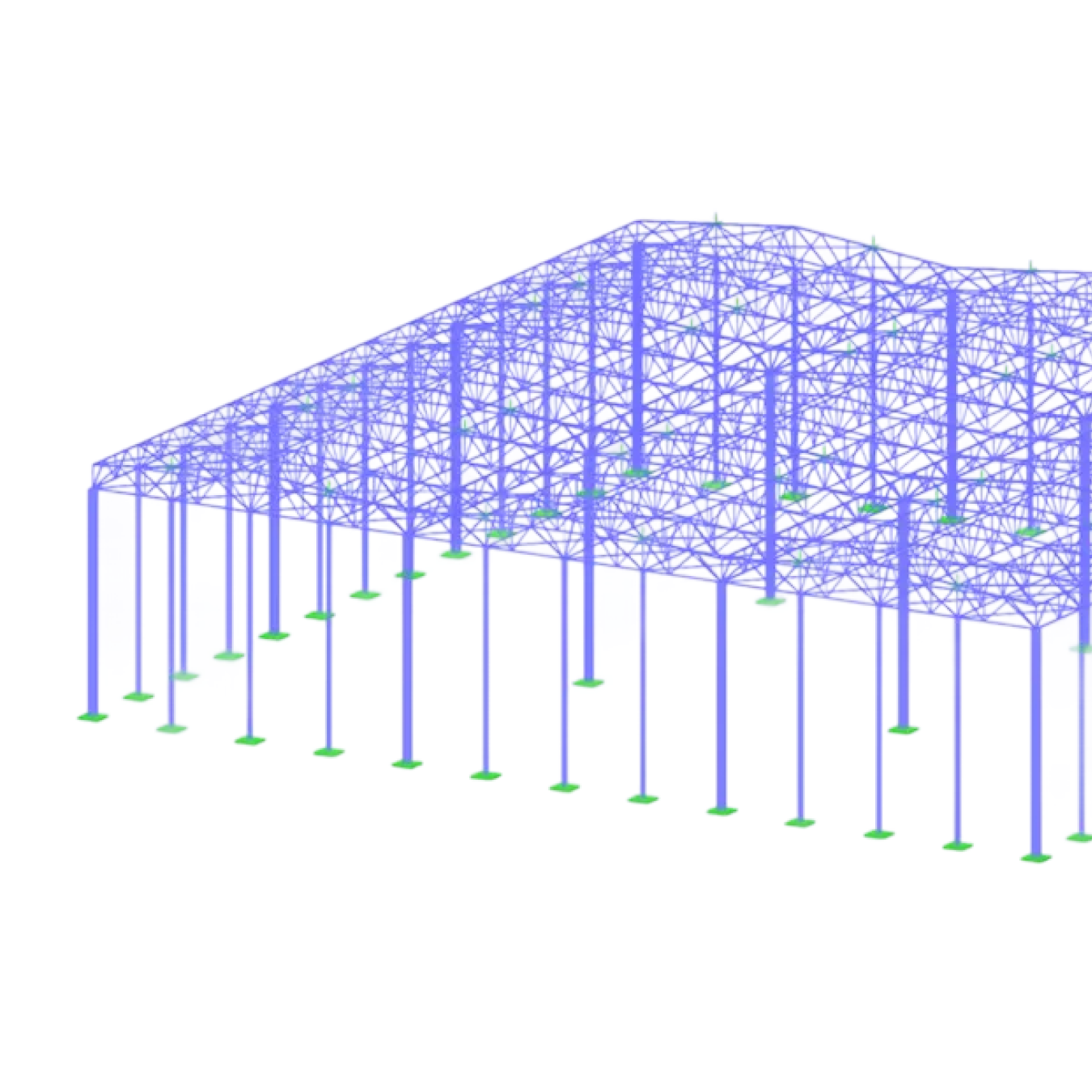 Projekt ocelové haly v Číně s využitím programu RFEM 6 pro statické výpočty příhradových nosníků o délce 30 metrů.