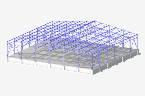 Podrobný model budovy s vazníkovou střechou navržený pomocí softwarového modulu RFEM 6, který ukazuje konstrukční uspořádání a posouzení.
