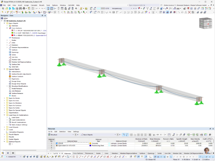 Výpočetní model předpjatého betonového mostu včetně předpínacích kabelů, vytvořený v programu RFEM.