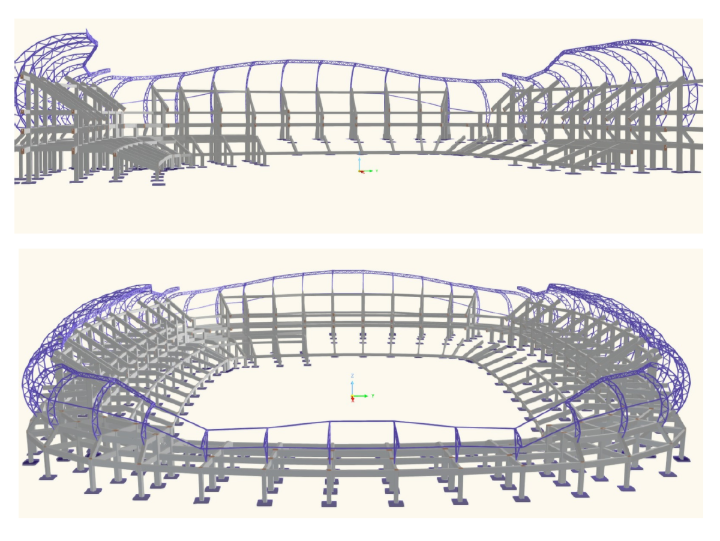 Detailní pohled na model stadionu se složitou konstrukcí, vytvořený v programu RFEM, se znázorněním geometrie a spojů.