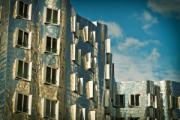 Budova Neuer Zollhof v Düsseldorfu od architekta Franka Gehryho ukazuje působivé odrazy světla na své moderní fasádě.