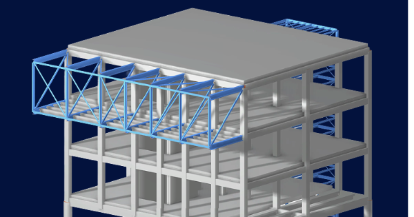 Grafika zobrazující 3D model budovy, ilustrující složité nosné prvky pro propagační účely.