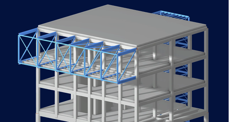 Grafika zobrazující 3D model budovy, ilustrující složité nosné prvky pro propagační účely.