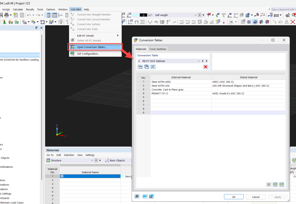 Převodní tabulky v programu RFEM 6