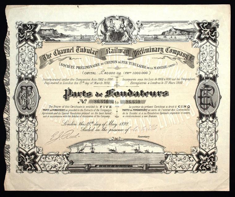 Spoluzakladatel Channel Tubular Railway Preliminary Company z 19. 5. 1892, podepsaný Edwardem Jamesem Reedem
