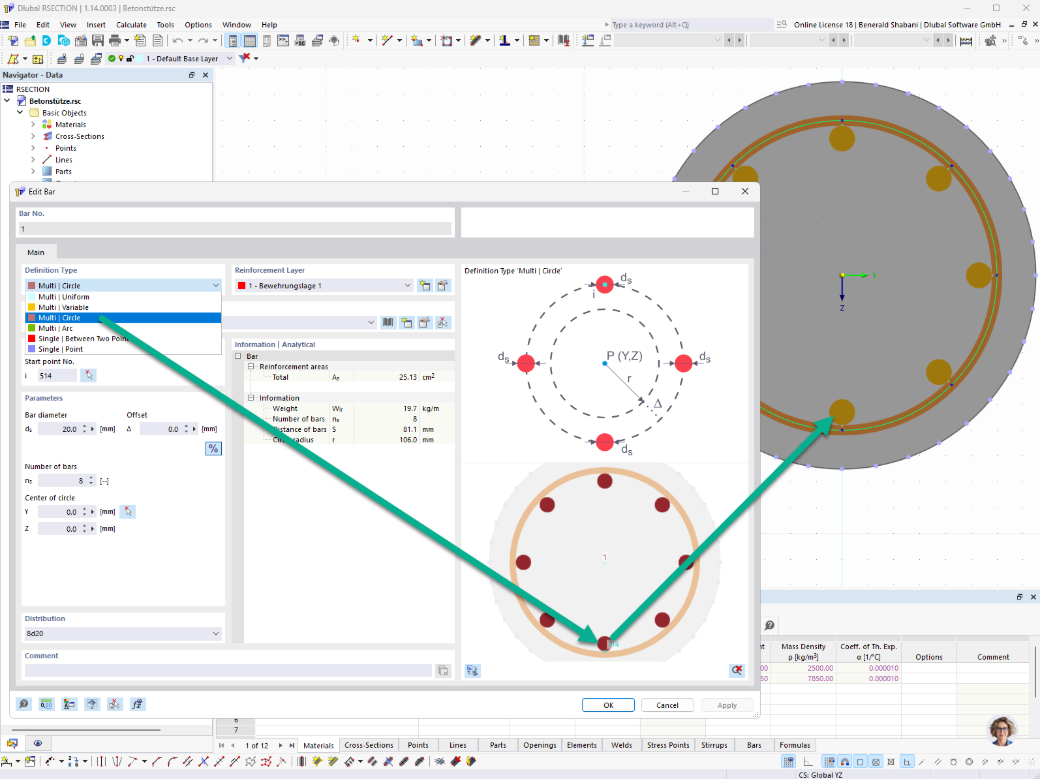 Pruty podélné výztuže lze při zadání typu Multi | Kružnice rovnoměrně rozmístit podél kružnice.