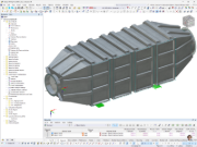 3D model plynojemu z nerezové oceli zachycuje konstrukční detaily a architektonické prvky.
