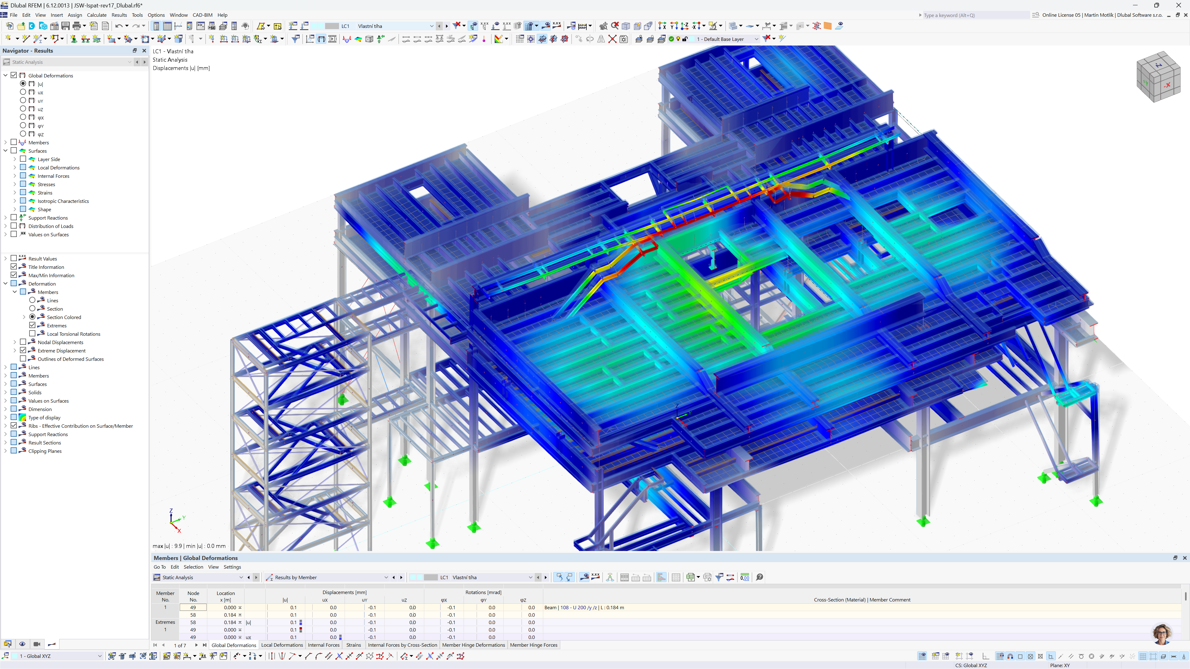Konstrukční model plynulé odlévací zařízení zobrazující globální deformaci vlivem vlastní tíhy v RFEM 6.