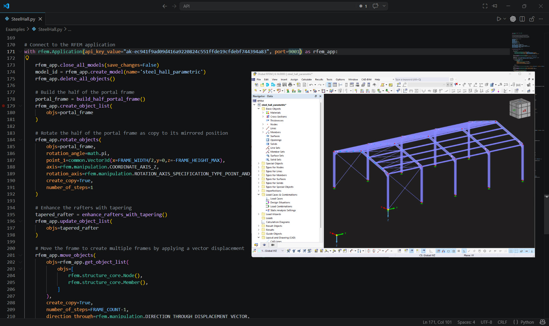 Rozhraní RFEM 6 zobrazující model ocelové halové konstrukce s integrací skriptu Python pro rozšířenou automatizaci a přizpůsobení.