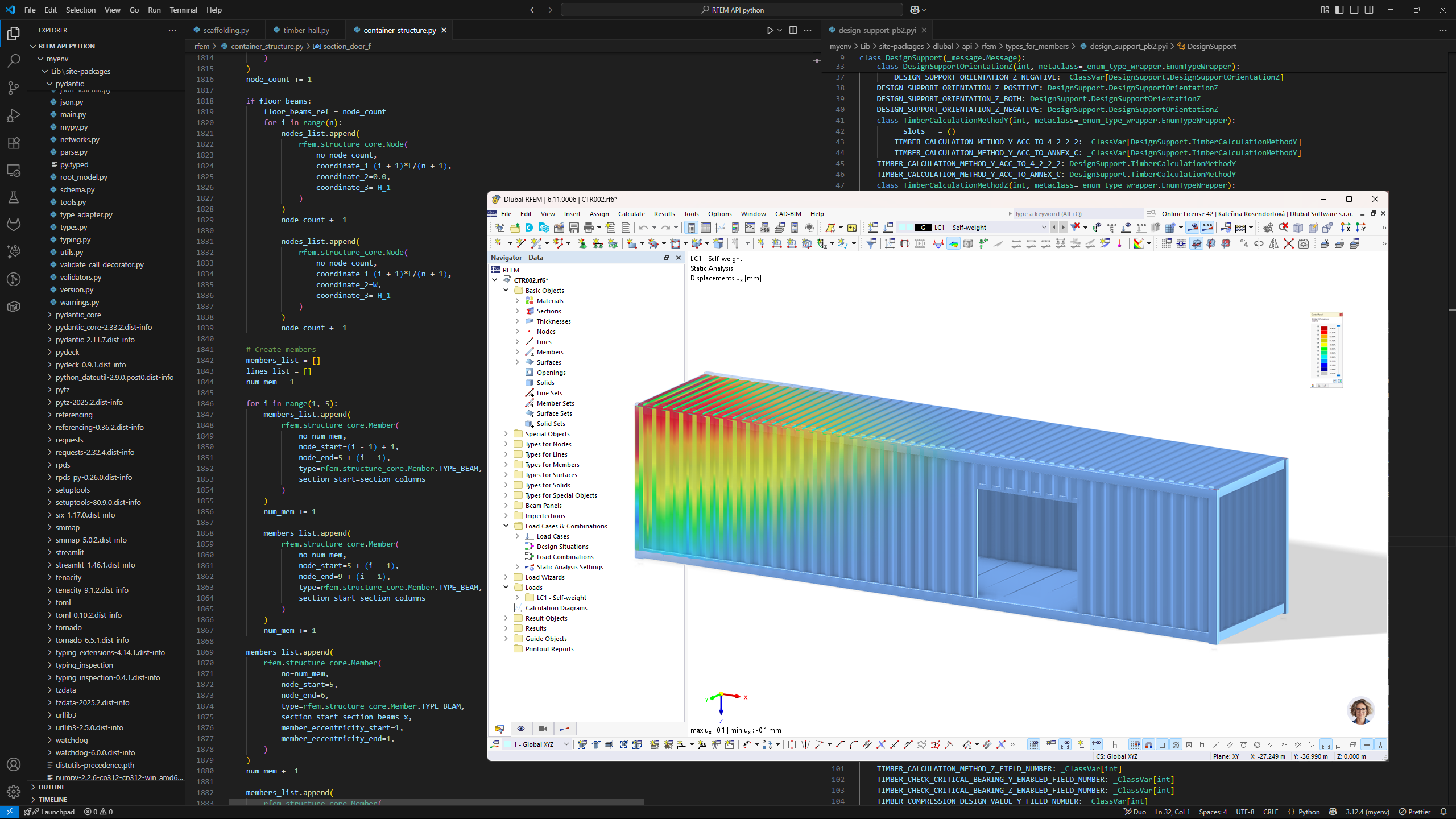 Ocelová kontejnerová konstrukce modelovaná v RFEM 6 pomocí rozhraní Python skriptu, demonstrující integraci funkcí API s možnostmi inženýrského softwaru.
