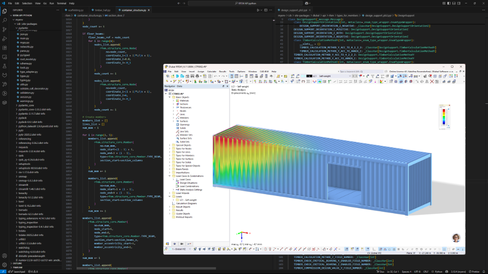Ocelová kontejnerová konstrukce modelovaná v RFEM 6 pomocí rozhraní Python skriptu, demonstrující integraci funkcí API s možnostmi inženýrského softwaru.