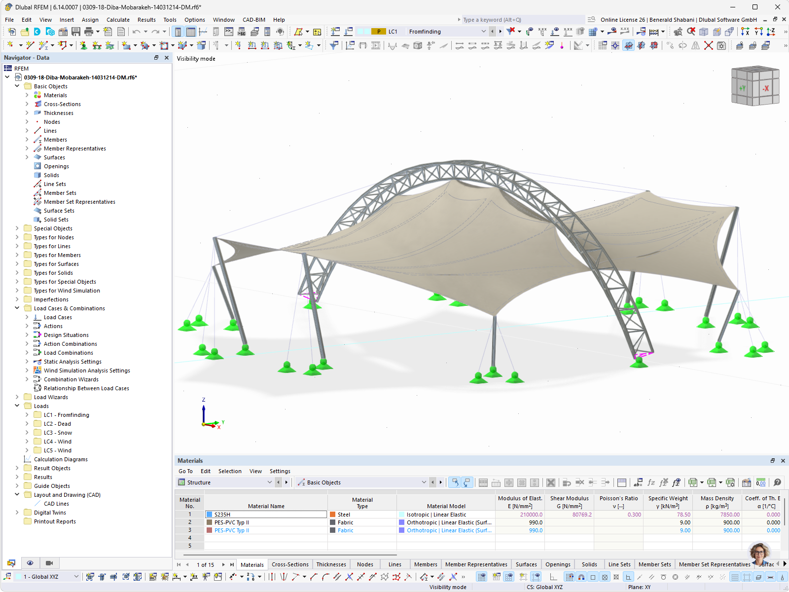 Detailní znázornění membránové střešní konstrukce v programu RFEM