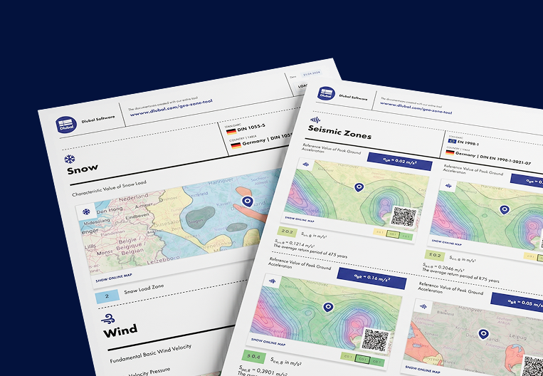 Zpráva výstupu PDF z nástroje Geo-Zone Tool předvádějící inženýrská data a obrázky dokončené pro referenční použití.