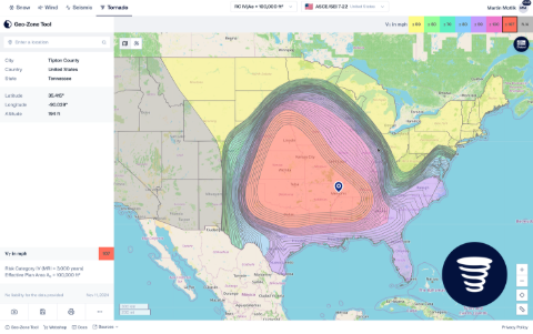 Nástroj Geo-Zóna zobrazující mapu tornádových oblastí USA na základě regionálních rizikových faktorů.
