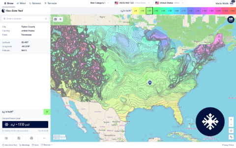 Mapa znázorňující oblasti zatížení sněhem ve Spojených státech pomocí Nástroje pro stanovení oblastí zatížení.
