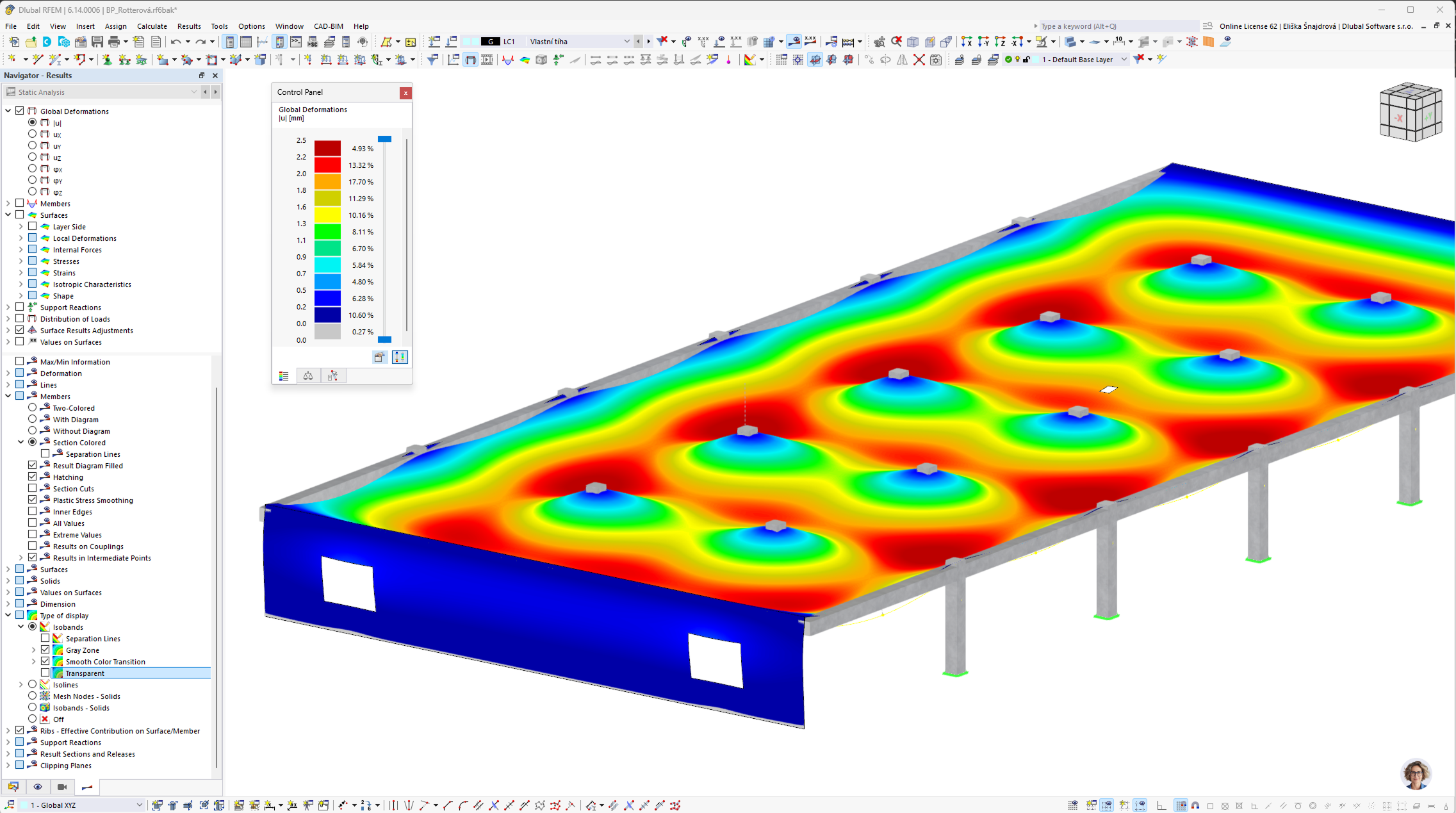 Zobrazení výsledků lineárně elastické analýzy desky v programu RFEM 6.