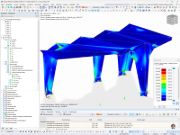 Zobrazení srovnávacích napětí u autobusové zastávky v programu RFEM s detailním rozdělením napětí.