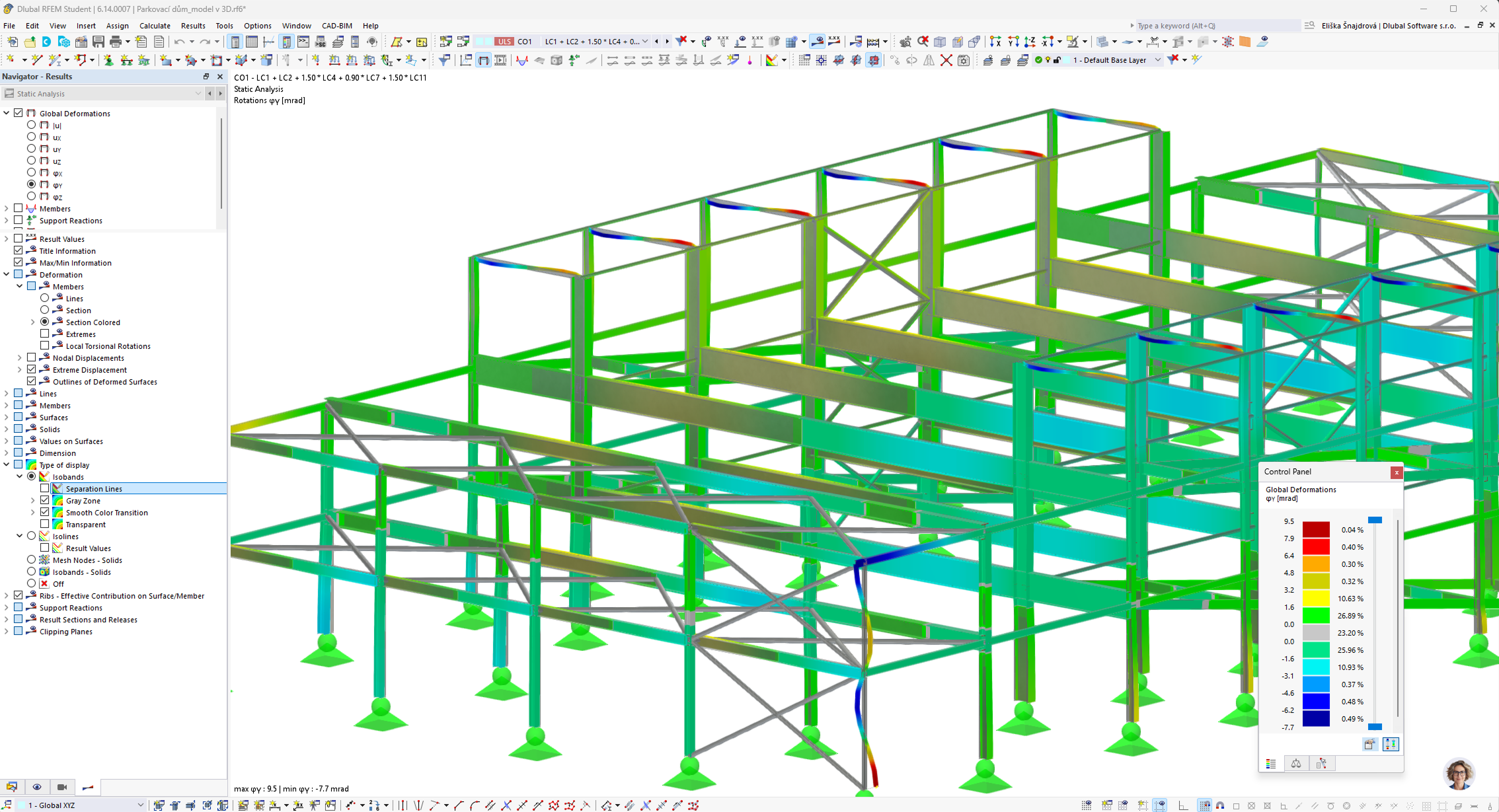 Model parkovacího domu z ocelových konstrukcí podle návrhu Iriny Okilové v programu RFEM.