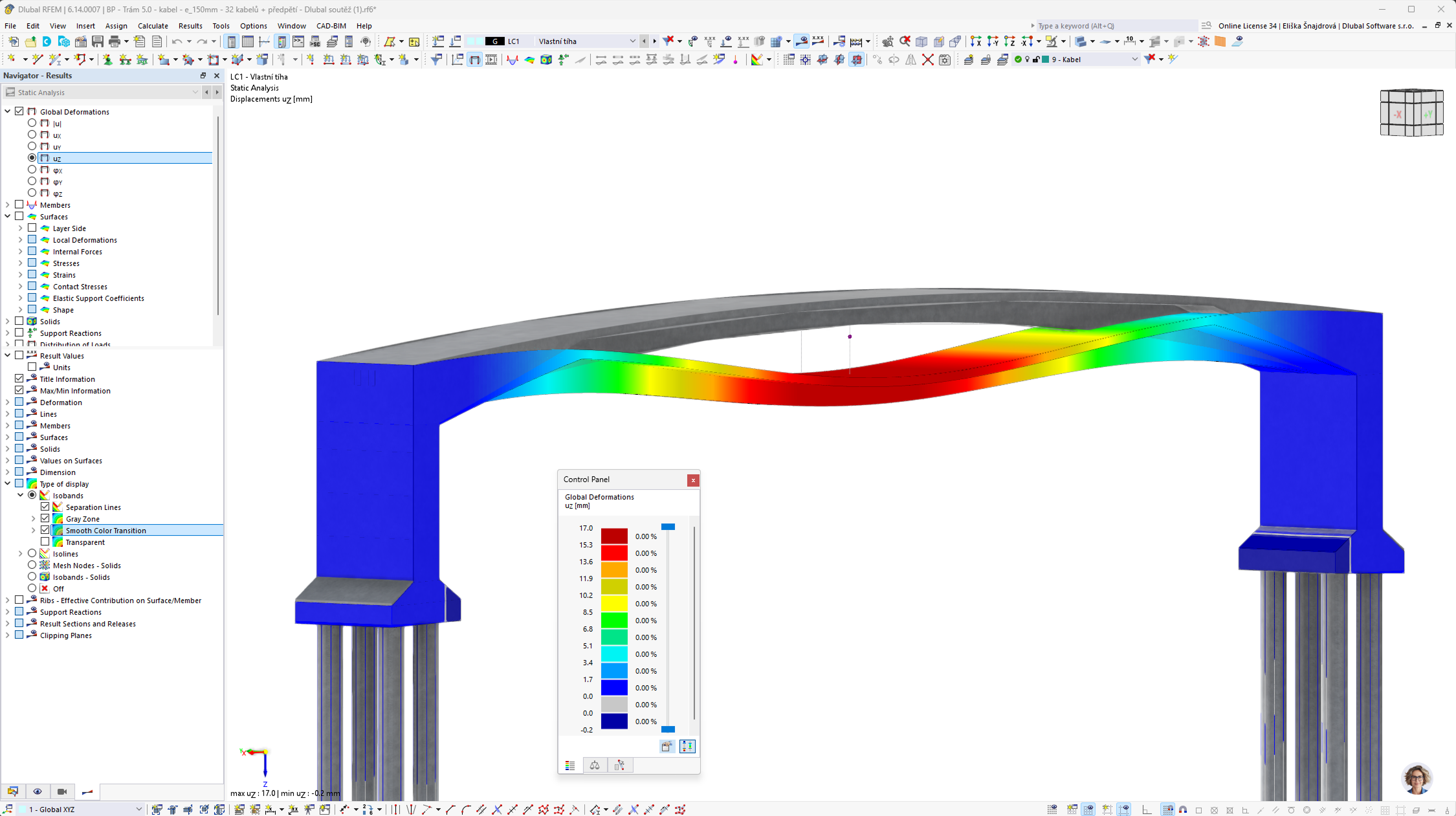 3D model předpjaté lávky pro pěší a cyklisty přes Jizeru v programu RFEM 6