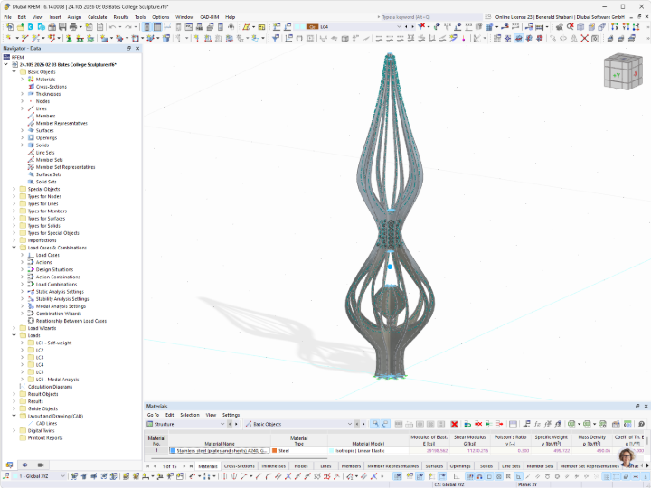 Ocelová konstrukce v modelu RFEM s detailním znázorněním tohoto uměleckého díla