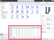 Tabulkový pohled parametrů pro různé komponenty. Jsou zobrazeny parametry, jako je veličina, materiál a zatížení.