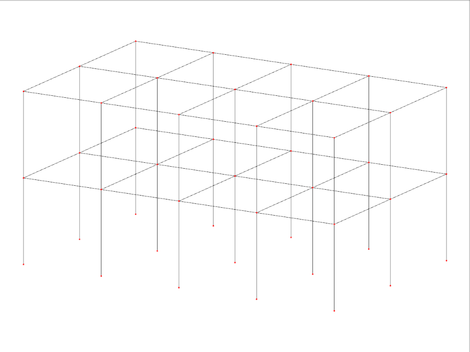 Detailní 3D mřížka představující víceúrovňovou obdélníkovou konstrukci s proměnnými poli a podlažími.