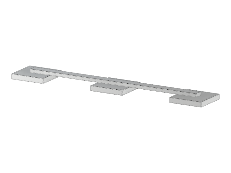 3D vizualizace statického modelu demonstrující základ z kombinované patky se ztužujícím trámem v betonové konstrukci.