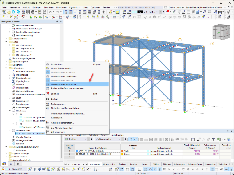 Pohled s rastrem budovy a pomocnými liniemi. Detail funkcí modelu v programu RFEM.