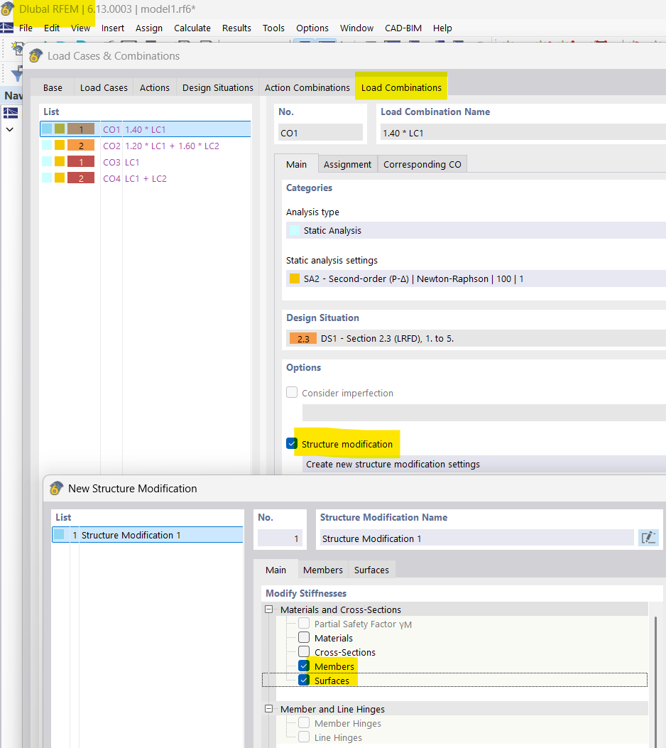 V programu RFEM mohou inženýři pracovat s jedním analytickým modelem a pro každou kombinaci zatížení přiřadit různé vlastnosti tuhosti.