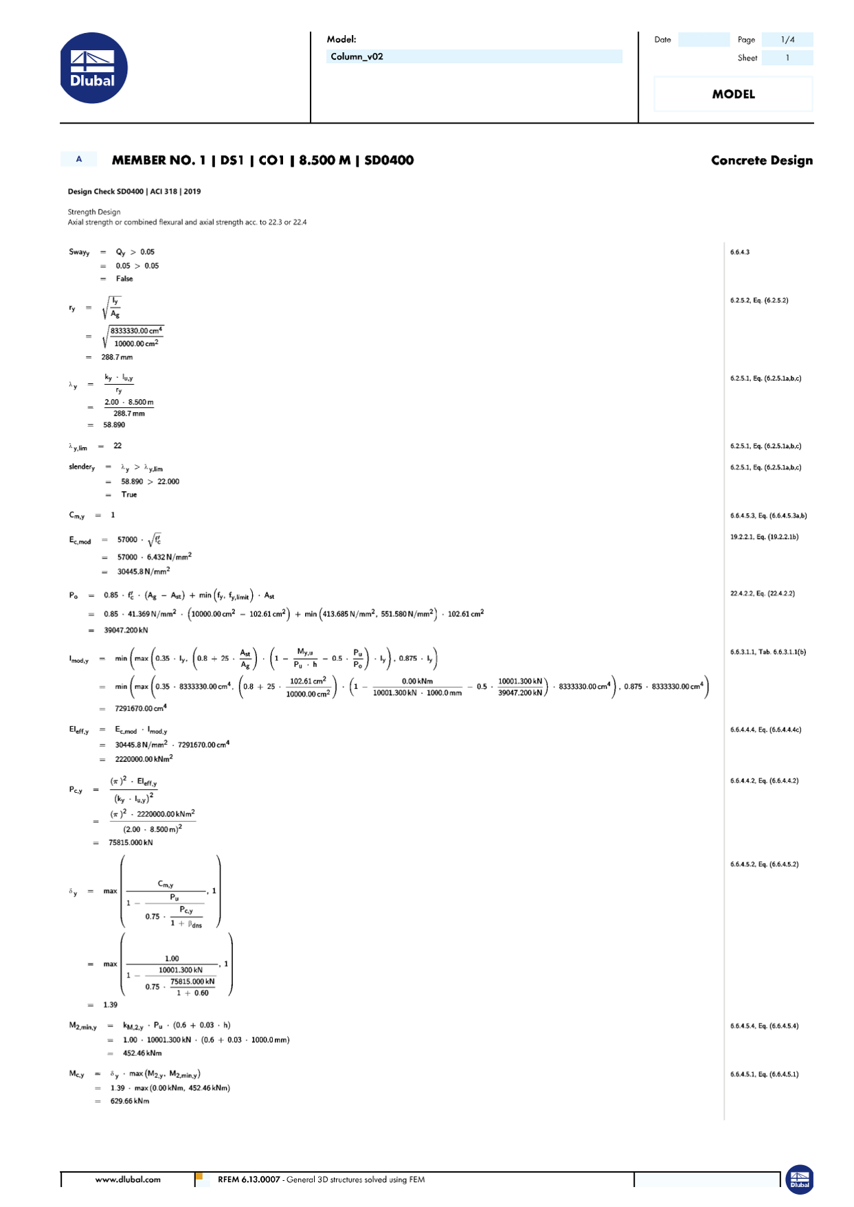 Výsledky posouzení sloupu v programu RFEM zobrazující vyztužení a zohlednění zatížení.