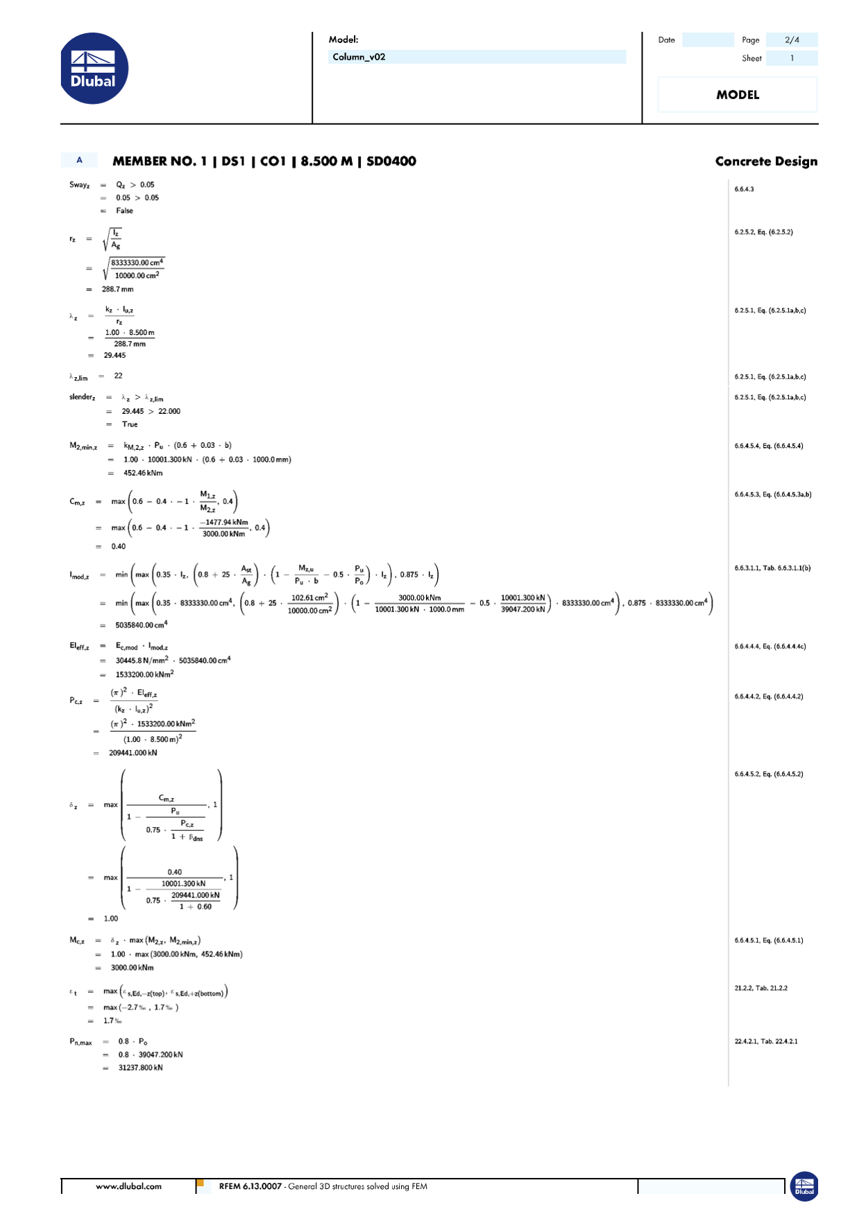 Výsledky návrhu sloupu v programu RFEM zobrazující vyztužení a zohlednění zatížení.