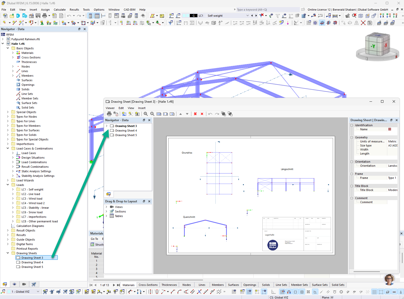 Tvorba výkresového listu v programech RFEM a RSTAB s rámečky, pohledy a řezy