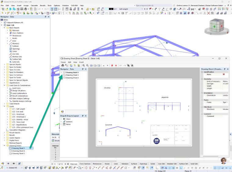 Tvorba výkresového listu v programech RFEM a RSTAB s rámečky, pohledy a řezy