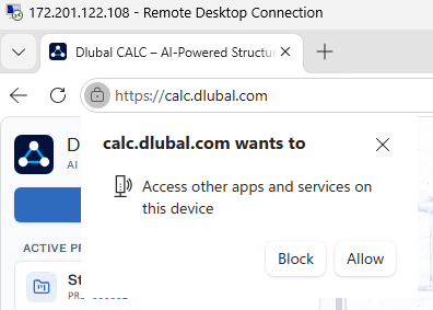 Výzva prohlížeče „calc.dlubal.com chce získat přístup k jiným aplikacím a službám v tomto zařízení“ s tlačítky Blokovat a Povolit.