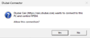 Dlubal-Connector dialog "Dlubal Calc (https://calc.dlubal.com) wants to connect to this PC and control RFEM. Allow this connection?" s možnostmi Ano a Ne.