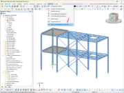 Pohled na 3D ocelovou konstrukci s otevřenou místní nabídkou pro přizpůsobení nabídek a panelů nástrojů. Model zobrazuje sloupy, nosníky, ztužidla a desky.