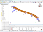 Výpočetní model dřevěného mostu nad nádražím ve Zwolle se zadáním materiálů a zatěžovacích stavů v programu RFEM pro výpočty metodou konečných prvků.