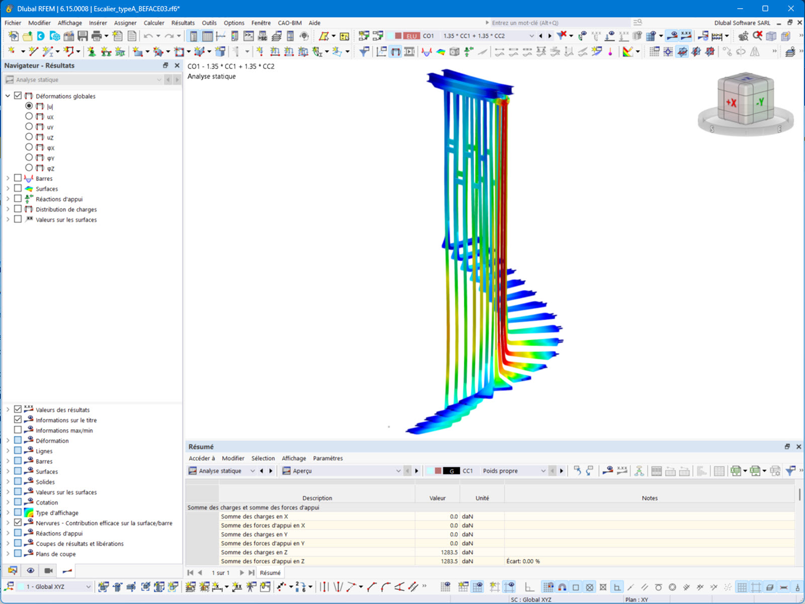 Model schodiště A v RFEM se zatěžovacími stavy a deformacemi