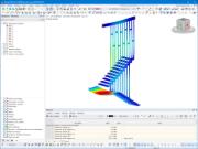 Model schodiště B v RFEM se zatěžovacím stavem a deformacemi