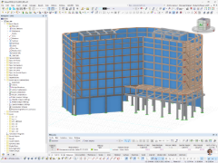 Sedmipodlažní budova v hybridní konstrukci s dřevěnou a ocelovou konstrukcí, modelovaná v programu RFEM s definicí materiálu křížem lepené dřevo