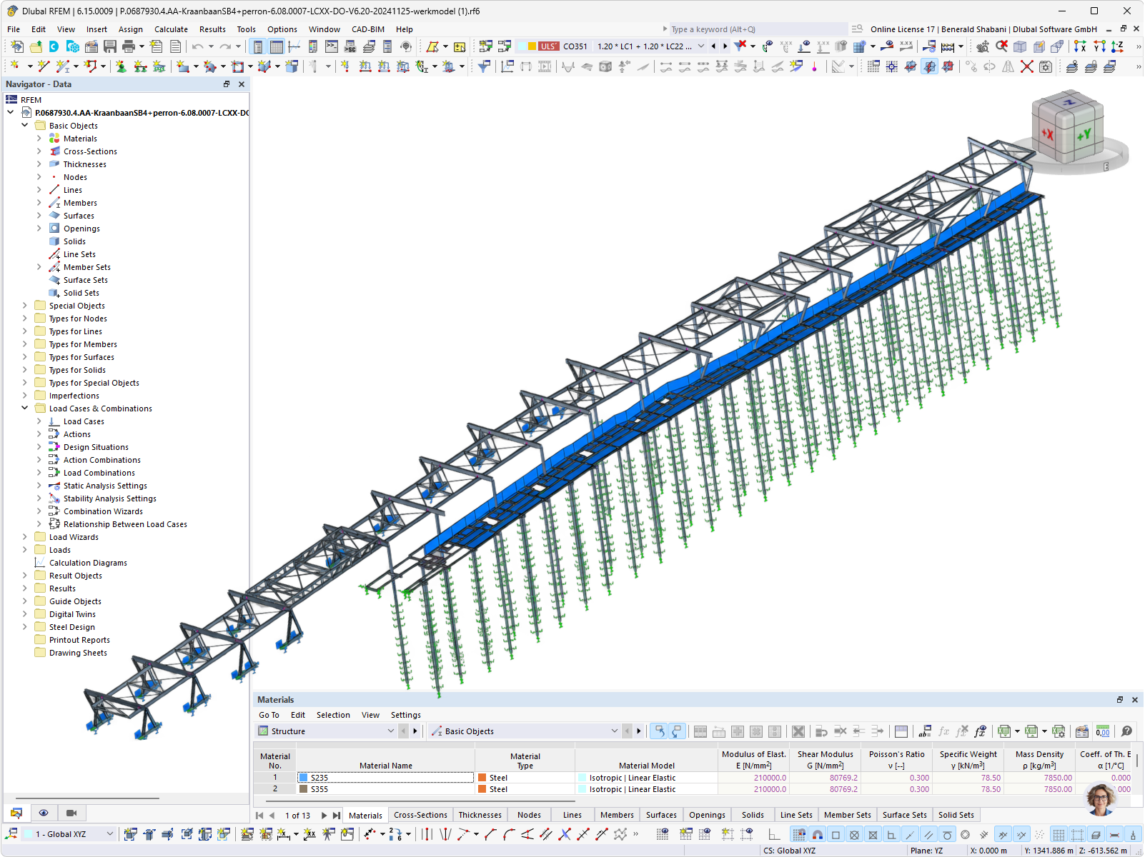 RFEM-6 model ocelové jeřábové dráhy pro nástupiště 4 na hlavním nádraží v Amsterodamu