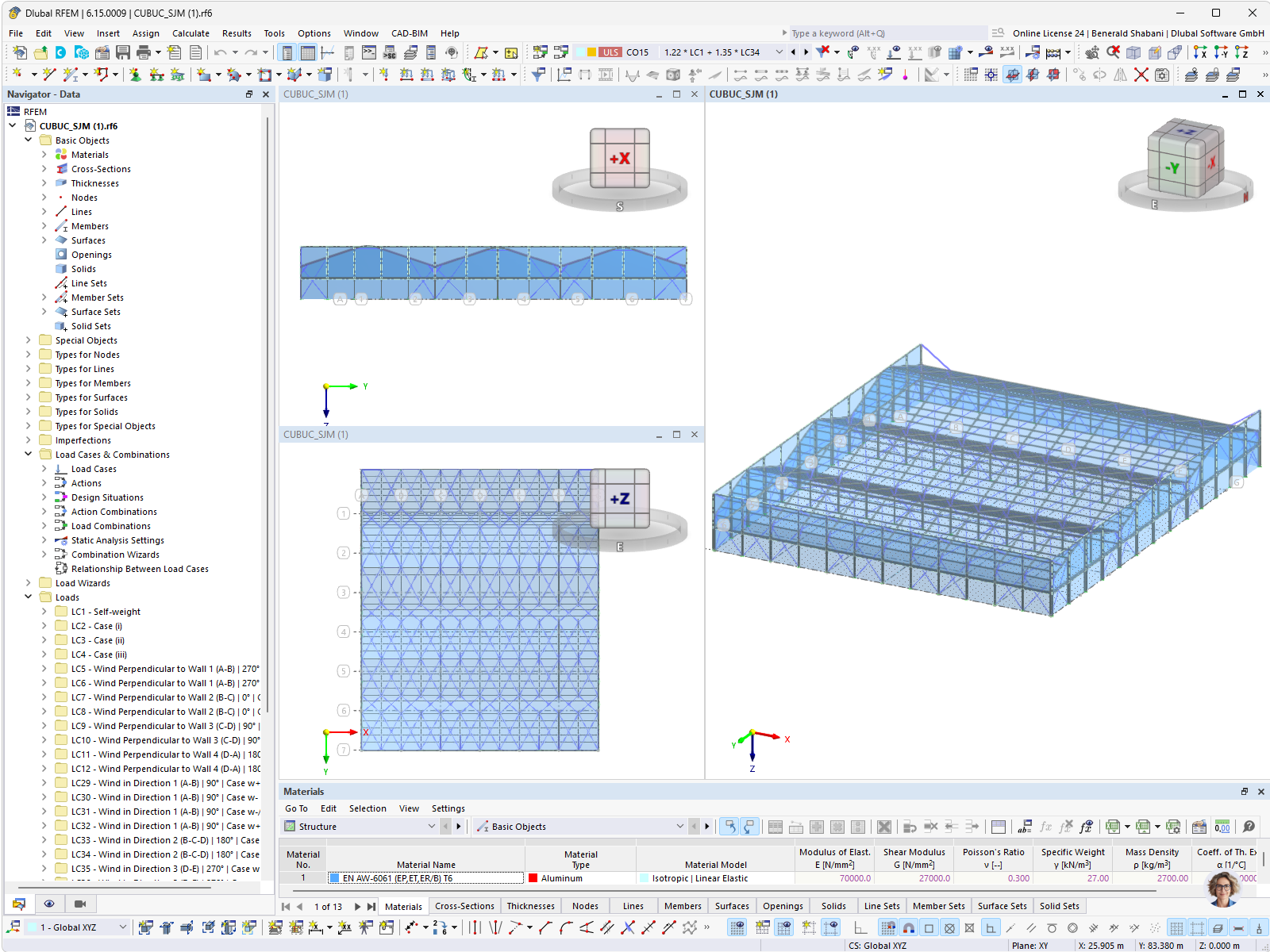 3D RFEM model konstrukce lehké sportovní haly CUBUC v São João da Madeira, Portugalsko