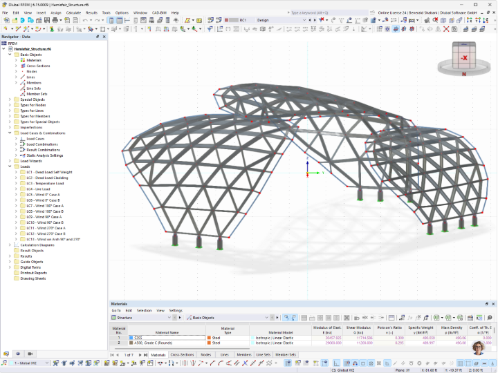 3D-RFEM model ocelové střechy „The Monarch San Antonio“ v Texasu s prostorovým prutovým nosným systémem a obloukovou konstrukcí.