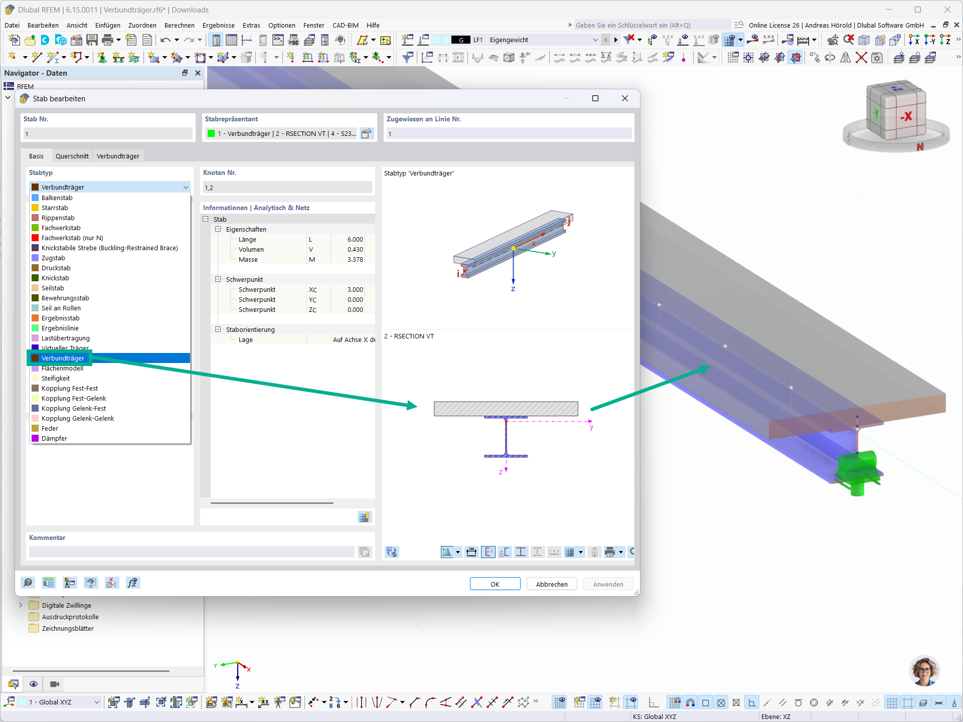 Dialog Upravit prut v programu RFEM s vybraným typem prutu Spřažený nosník a grafickým zobrazením spřaženého průřezu z betonové desky a ocelového profilu