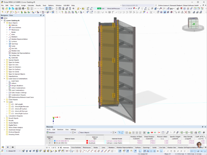 Model programu RFEM nosné konstrukce vícepodlažní části fasády